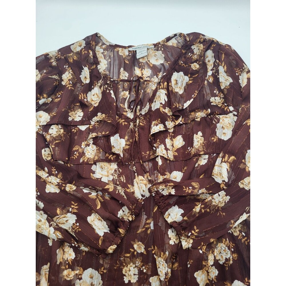 Sabrina Lauren XL Brown Gold Floral Ruffle Boho Festival Top Fairy Whimsy Sheer - Picture 8 of 9